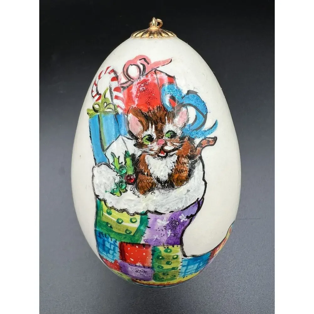 Hand Painted 4” Christmas Egg Ornament Cat w Presents in Stocking Signed